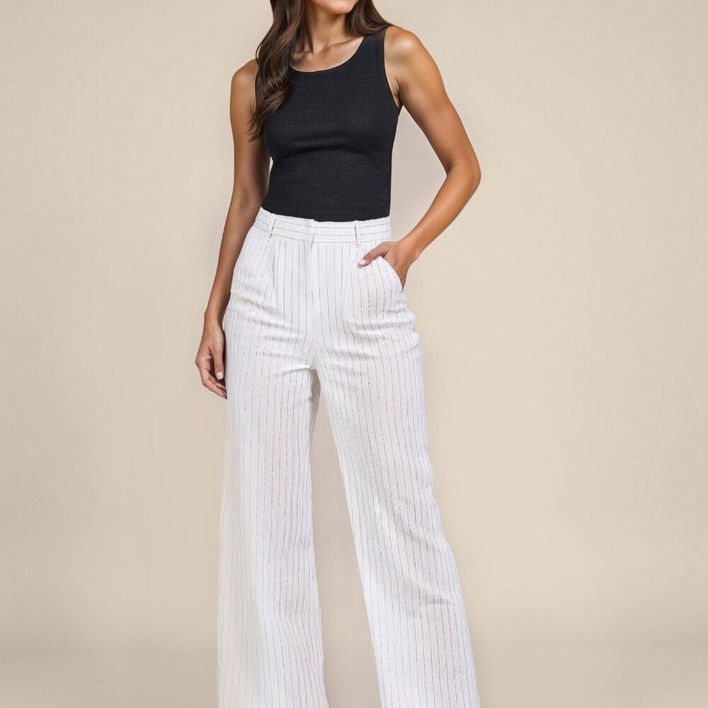 New York & Company Wide Leg Pinstripe Pleated Pants Size LARGELARGE / BLUE - NAV